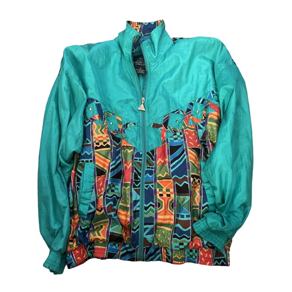 Vintage Casual Isle Teal Long Sleeve Full-Zip‎ Mock windbreaker Adult Size M
